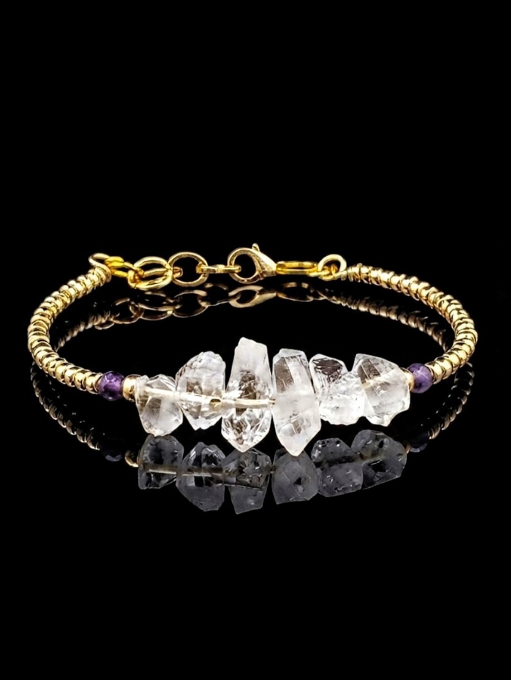 Ethereal Radiance Genuine Herkimer Diamonds W/ Amethysts In Feminine Bracelet